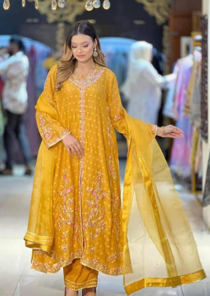 THREE PIECE PURE KHADDI SILK NET EMBROIDERED SUIT