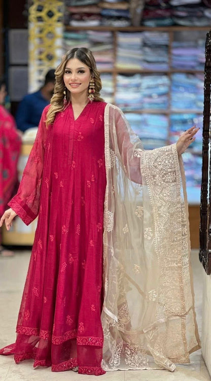 Aghanoor Embroidered Cotton Net Frock Style 3 Piece Suit