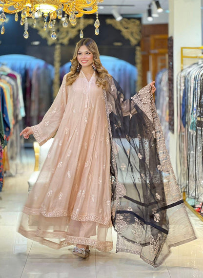 Aghanoor Embroidered Cotton Net Frock Style 3 Piece Suit