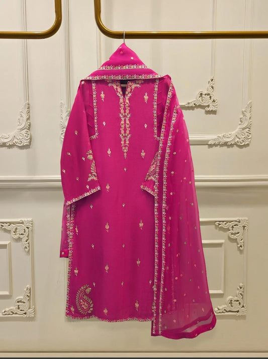 AGHANOOR 3 PIECE PURE COTTON NET EMBROIDERED SUIT