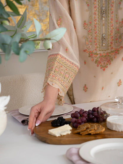 AGHANOOR COTTON NET HEAVILY EMB SHIRT & SILK PANTS
