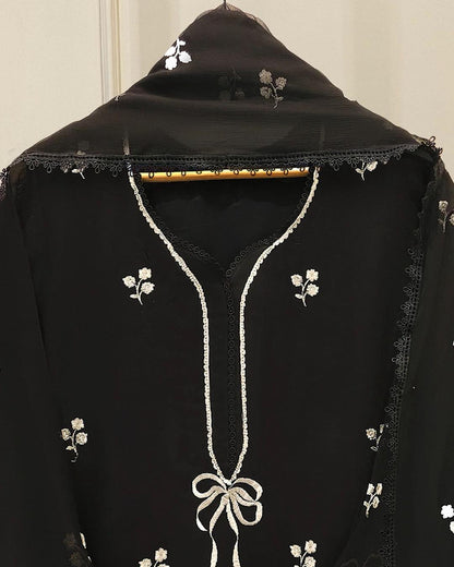 AGHANOOR COTTON NET EMB SUIT WITH CHIFFON DUPATTA & SILK PANTS