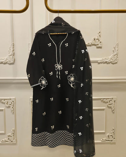 AGHANOOR COTTON NET EMB SUIT WITH CHIFFON DUPATTA & SILK PANTS