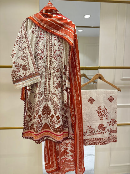 AGHANOOR PURE EMBROIDERED CAMBRIC LAWN SHIRT, PANT & SILK DUPATTA