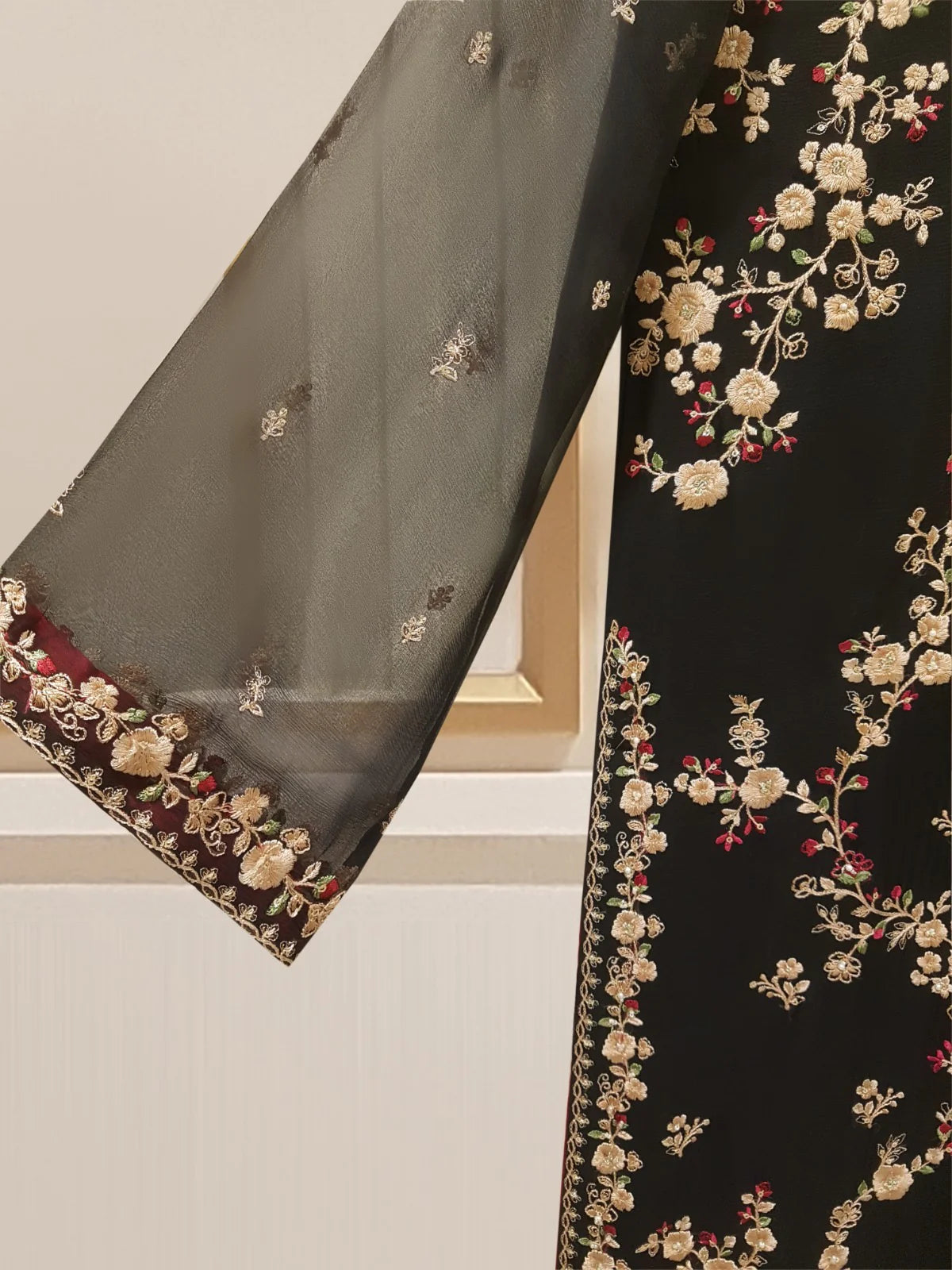 AGHANOOR PURE CHIFFON BEAUTIFUL EMBROIDERED SHIRT AND SILK PANT