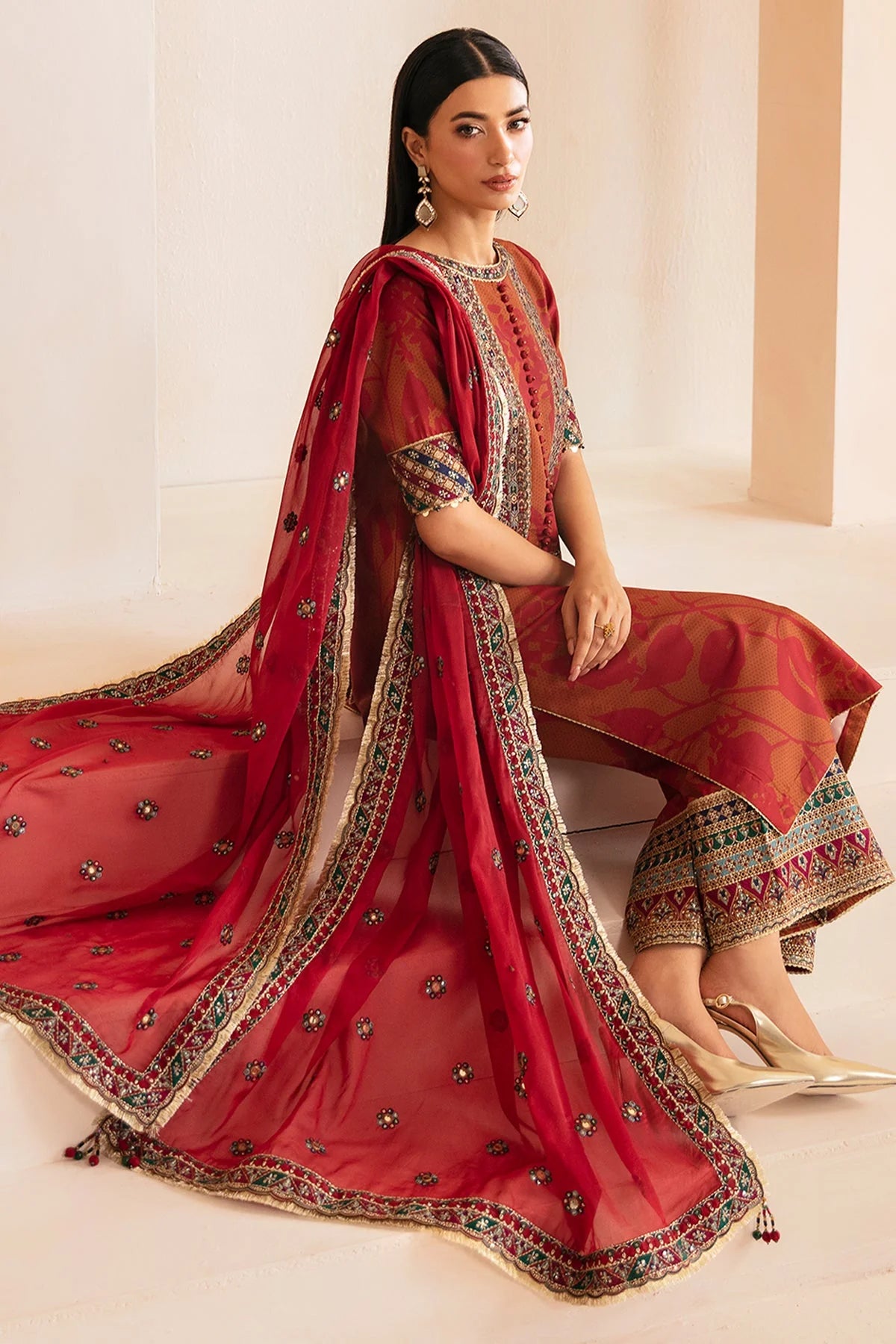 Premium Embroidered Raw Silk 3 Piece Suit