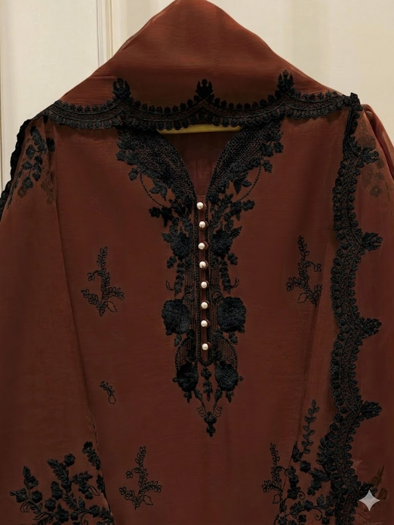 AGHANOOR DARK BROWN COTTON NET EMBROIDERED 3 PIECE