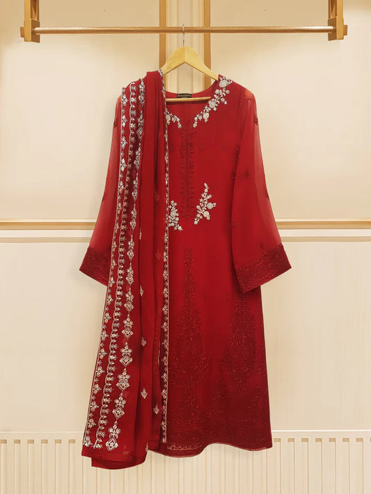 AGHANOOR 3 PIECE 100% PURE CHIFFON EMBROIDERED SUIT