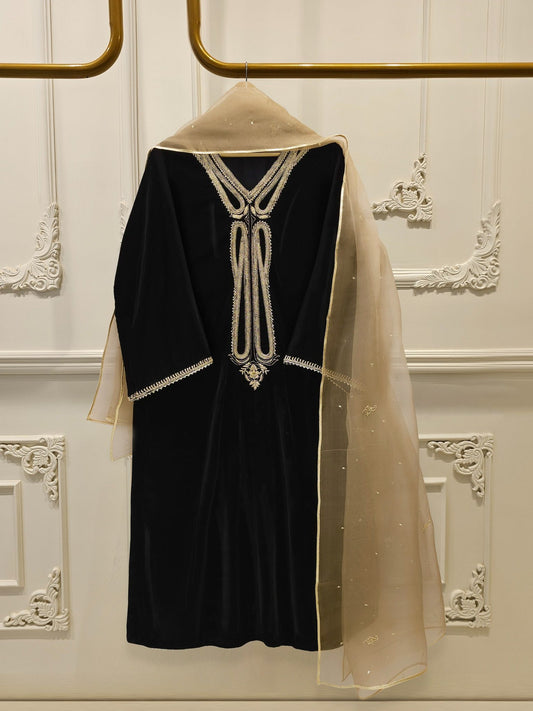 Aghanoor Embroidered Luxury Velvet 3 Piece-Black