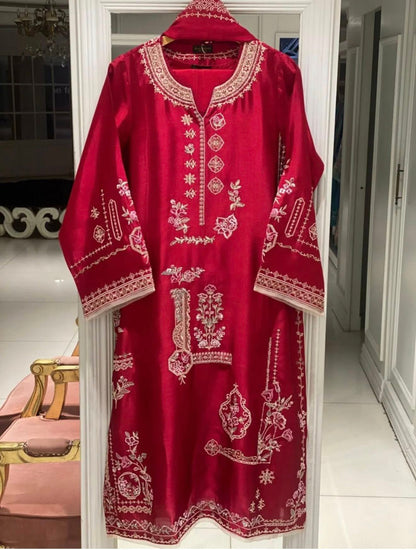 Aghanoor Embroidered Seesha Silk 3 Piece Suit