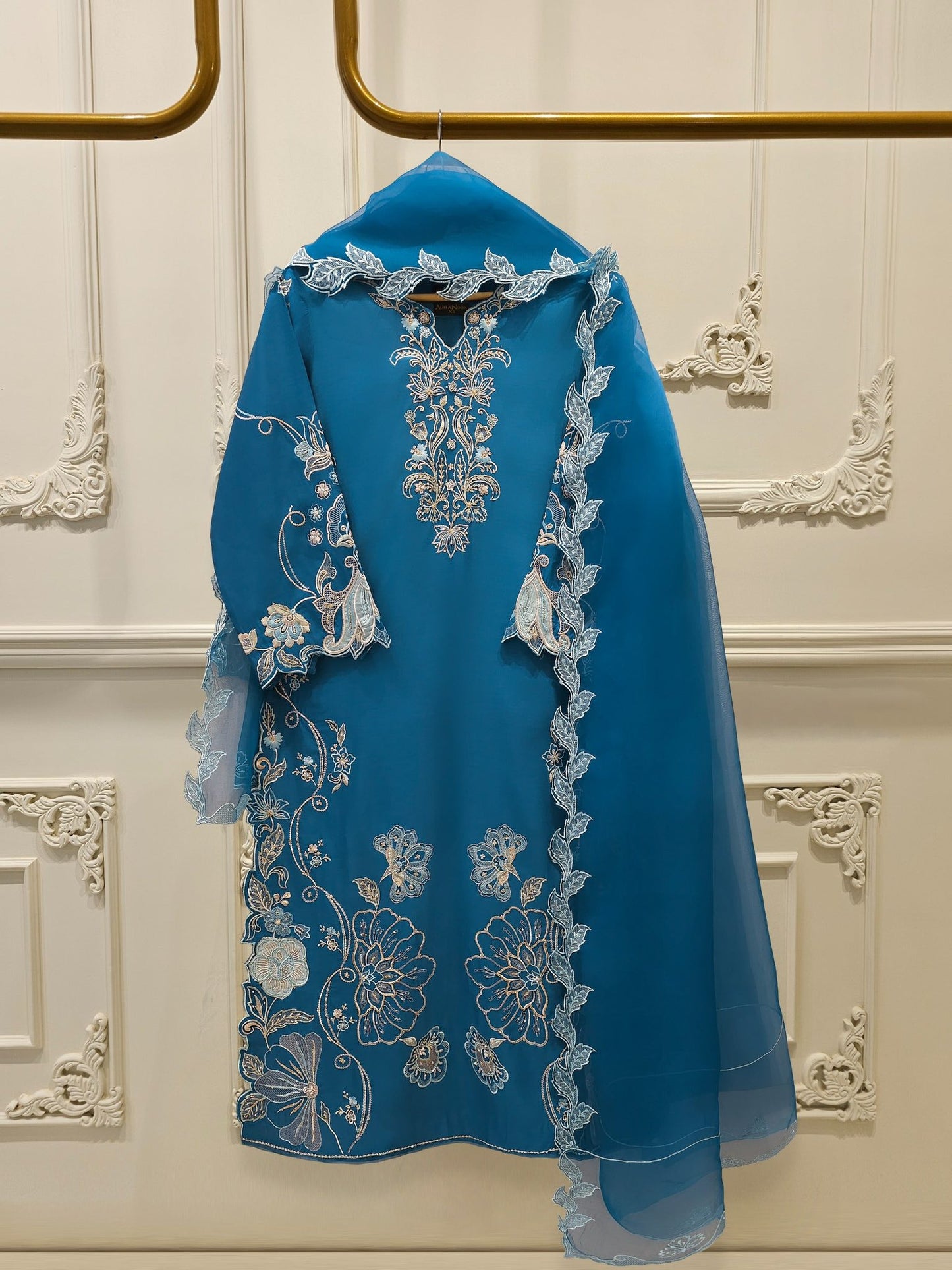 Aghanoor 100% Pure Seesha Silk Blue Emb 2 Piece Suit