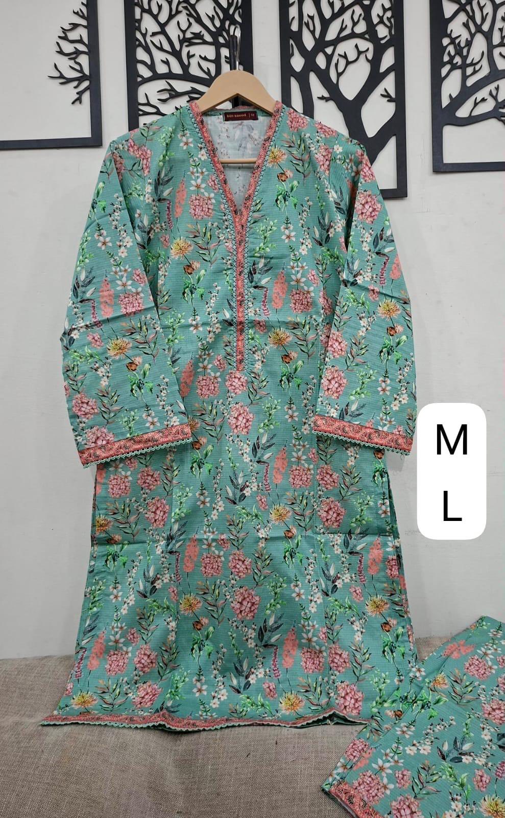 Binsaeed Printed Shirt & Pants(Co-ords)-Sea-green