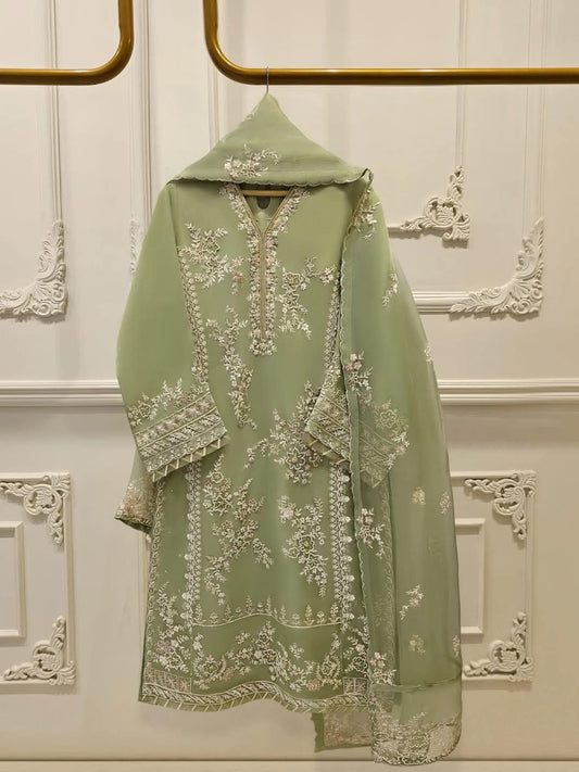 Aghanoor Heavily Embroidered Organza 3 Piece Suit- Green