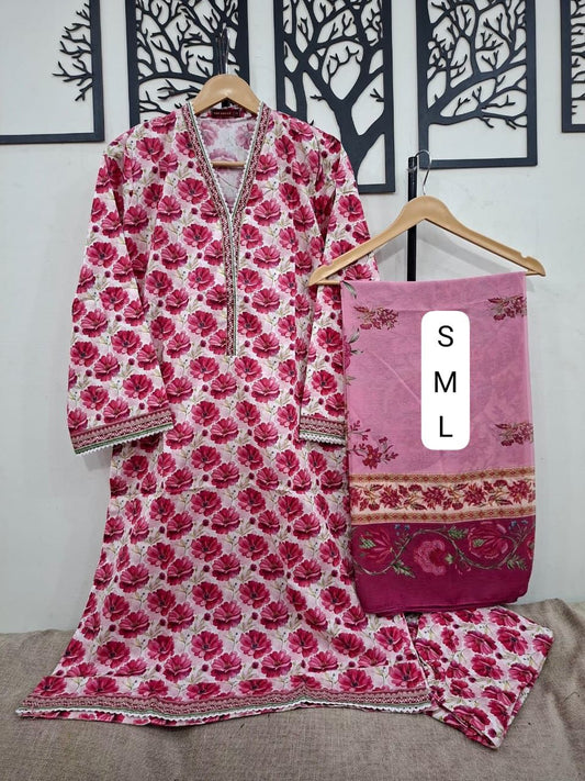 Bin Saeed Printed Lawn Cotton Suit with Chiffon Dupatta- White/pink