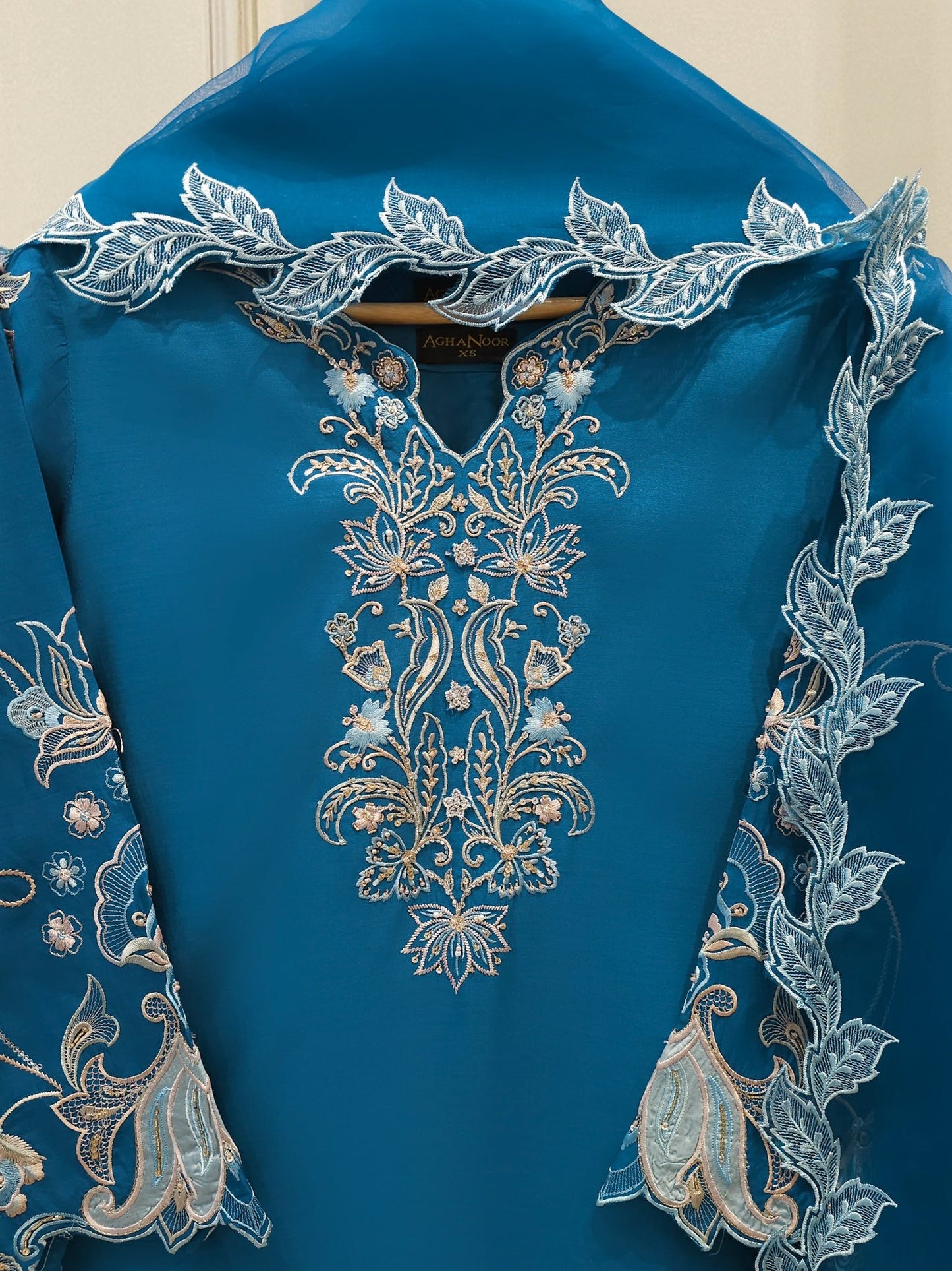 Aghanoor 100% Pure Seesha Silk Blue Emb 2 Piece Suit