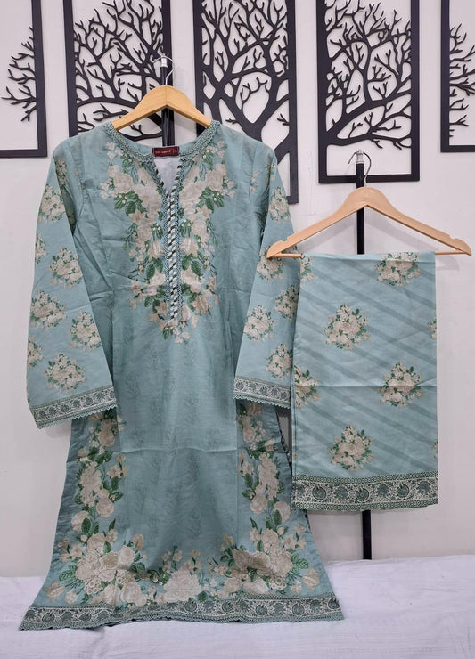 Binsaeed Printed Shirt & Pants(Co-ords)- Pastal Green