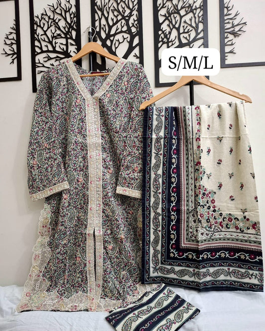 Bin Saeed Embroidered Lawn Front Open Style 3 Piece