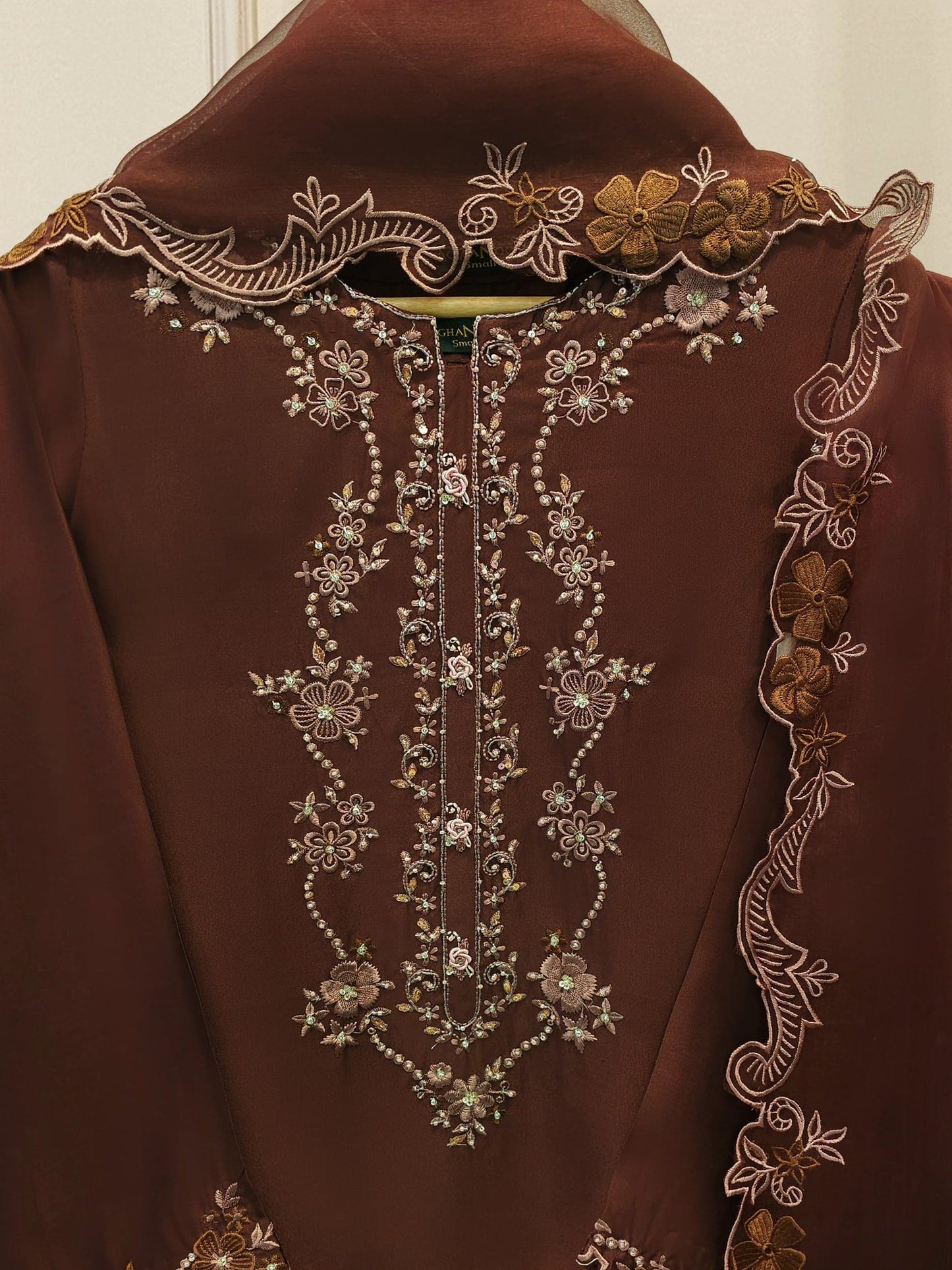 Aghanoor Embroidered Seesha Silk 4 Piece Suit-Brown