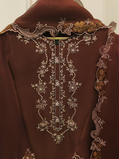 Aghanoor Embroidered Seesha Silk 4 Piece Suit-Brown
