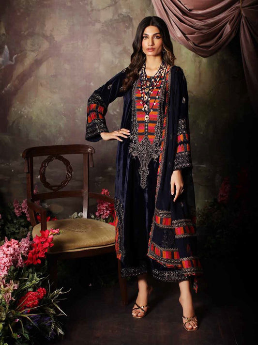 Charizma Embroidered Blue Velvet 3 Piece