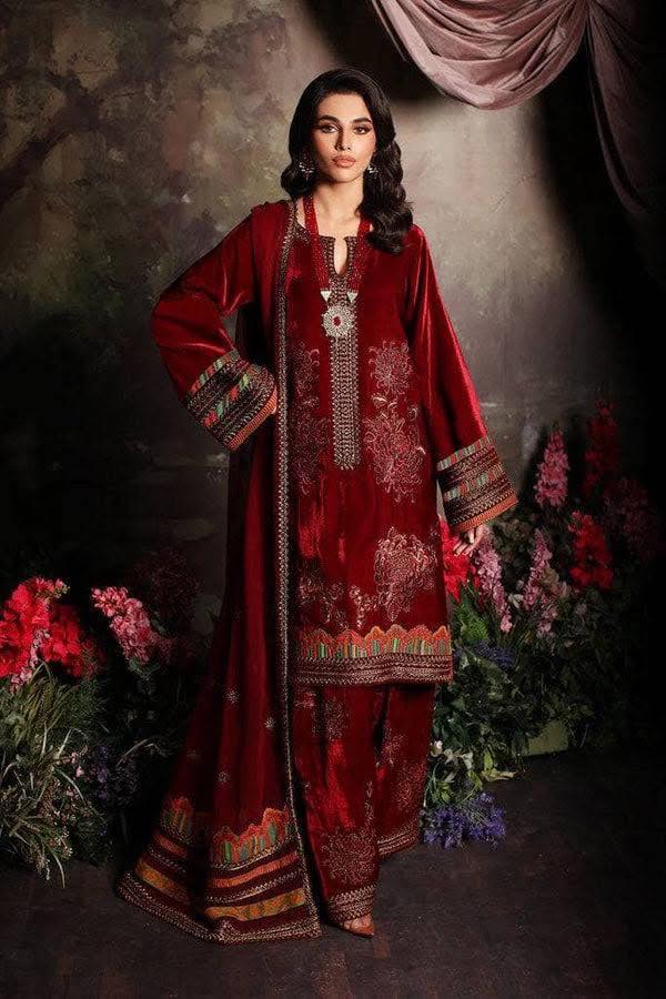 Charizma Embroidered Red Velvet 3 Piece