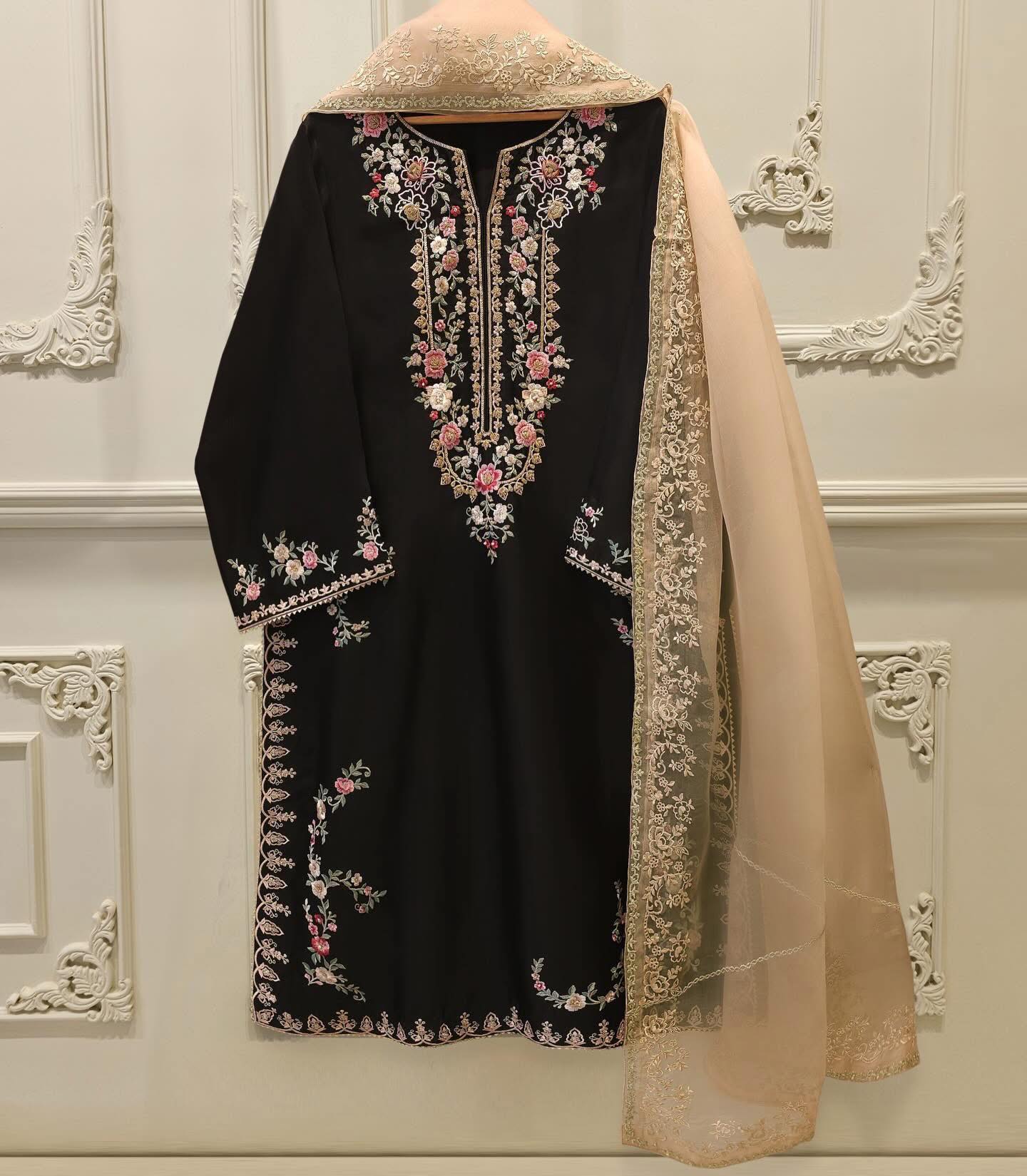 Aghanoor 100% Pure Seesha Silk Emb 3 Piece Suit