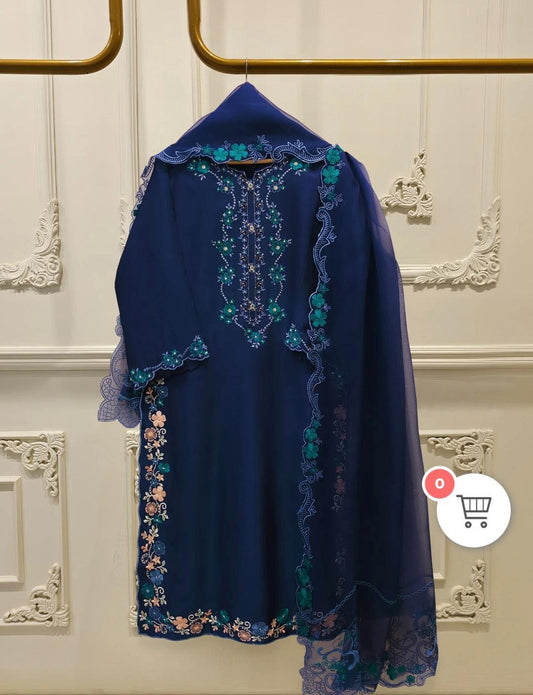 Aghanoor Embroidered Seesha Silk 4 Piece Suit-Blue
