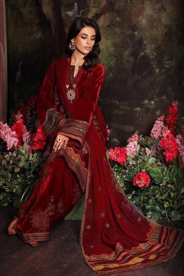 Charizma Embroidered Red Velvet 3 Piece