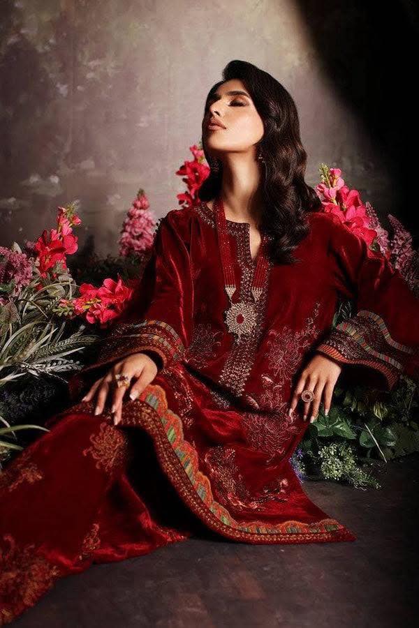 Charizma Embroidered Red Velvet 3 Piece