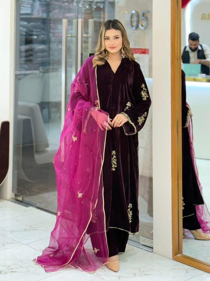 Aghanoor Velvet Embroidered 3 Piece Suit