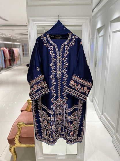 Aghanoor Embroidered Seesha Silk 3 Piece-Blue