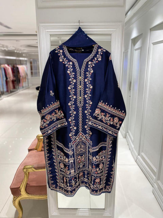 Aghanoor Embroidered Seesha Silk 3 Piece-Blue