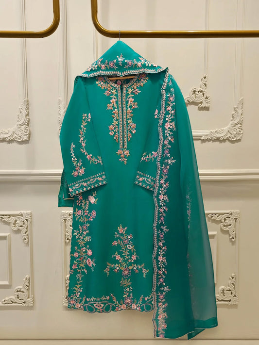 Aghanoor 100% Pure Seesha Silk Blue Emb 2 Piece Suit
