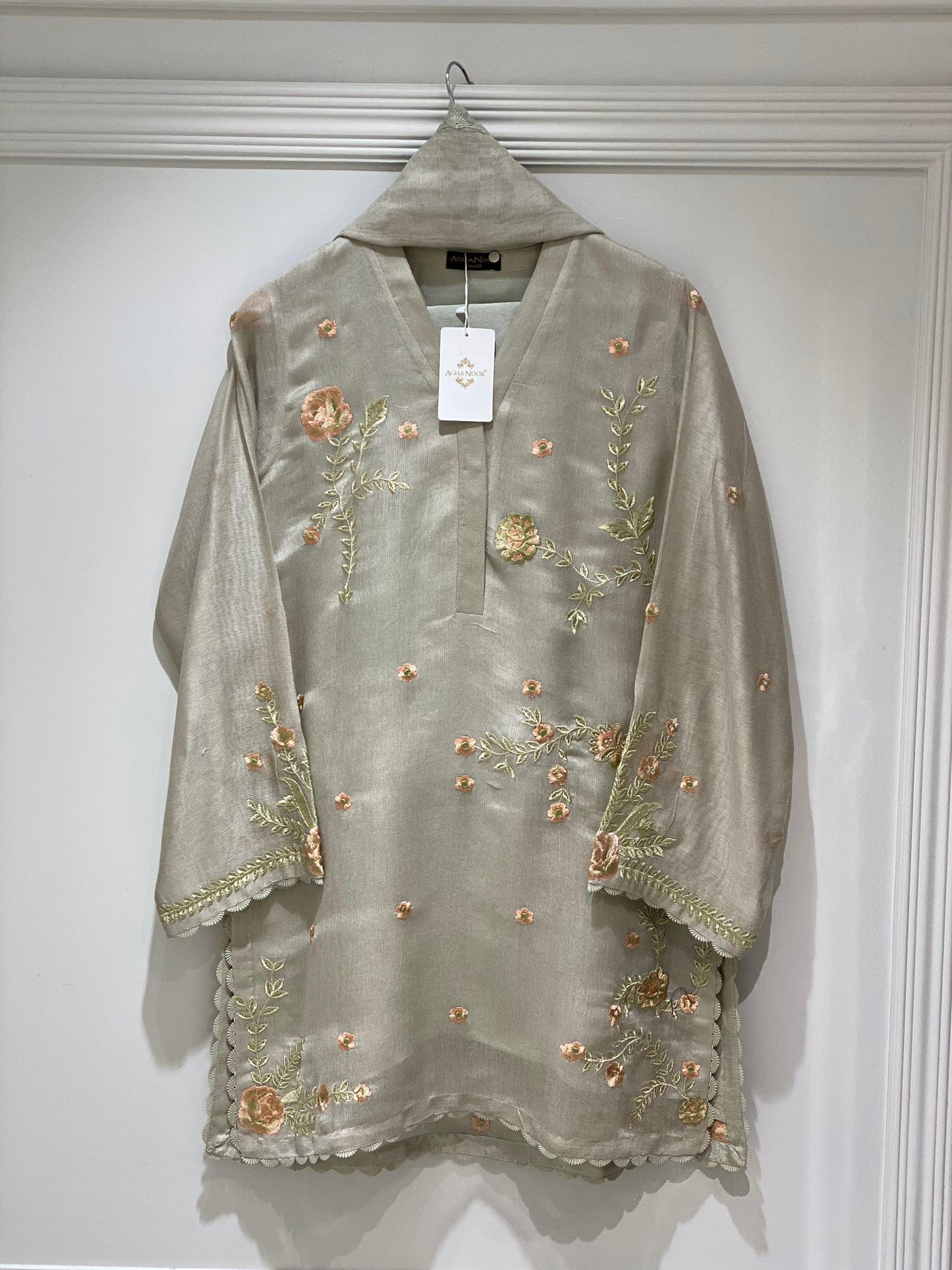 AGHANOOR COTTON NET EMB SHIRT,DUPATTA WITH FARSHI SILK TROUSERS