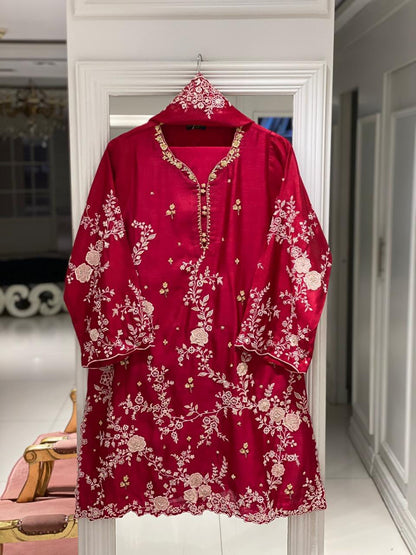 Aghanoor Embroidered Khaadi Silk 2 Piece Suit-Red