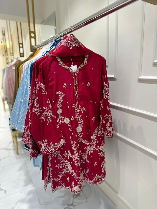 Aghanoor Embroidered Khaadi Silk 2 Piece Suit-Red