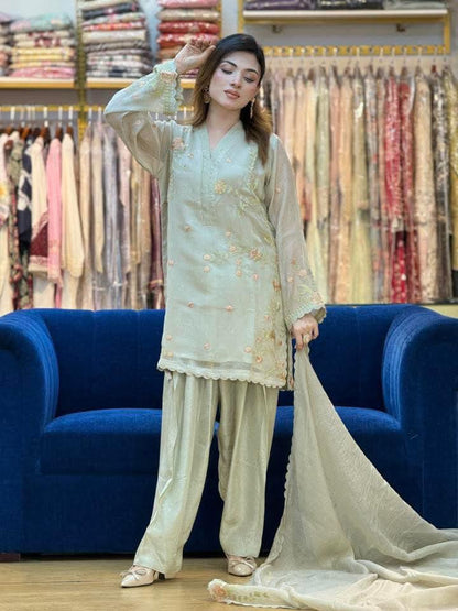 AGHANOOR COTTON NET EMB SHIRT,DUPATTA WITH FARSHI SILK TROUSERS