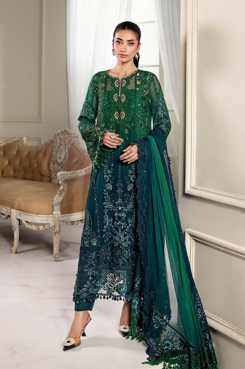 Emerald Green Embroidered Chiffon 3 Piece