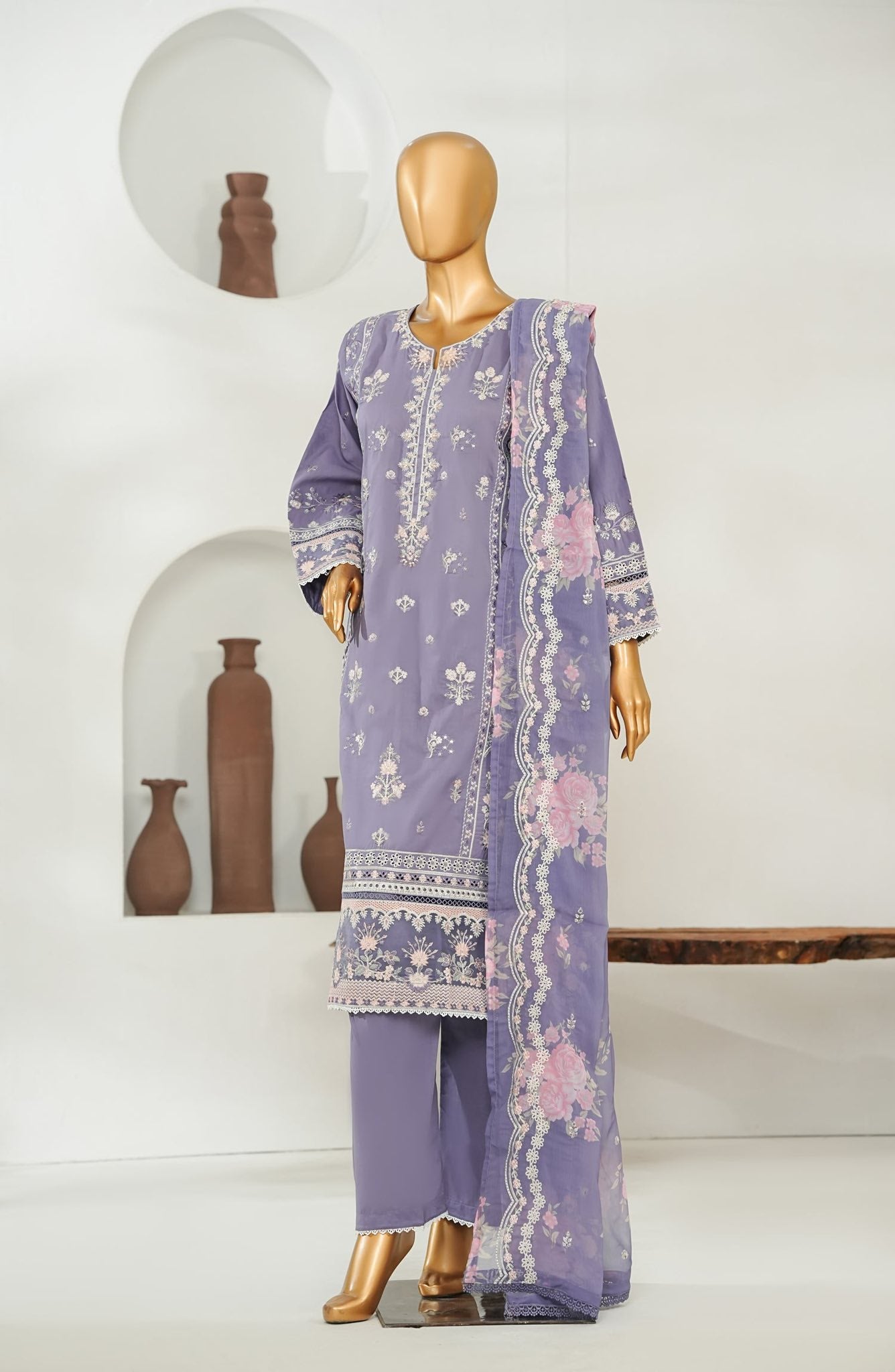 Amna Khadija Embroidered Lawn 3 Piece Suit- Lilac