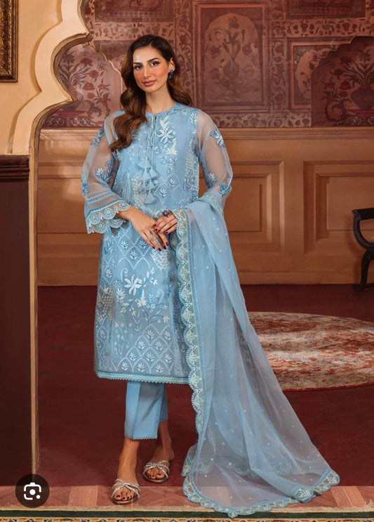 SAHAR Organza Festive Embroidered 3 Piece Suit-Sky Blue