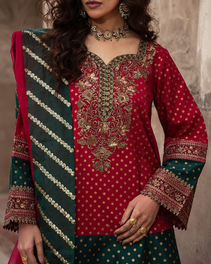 Charizma Embroidered Silk Pret 3 Piece with Farshi Shalwar-Magenta
