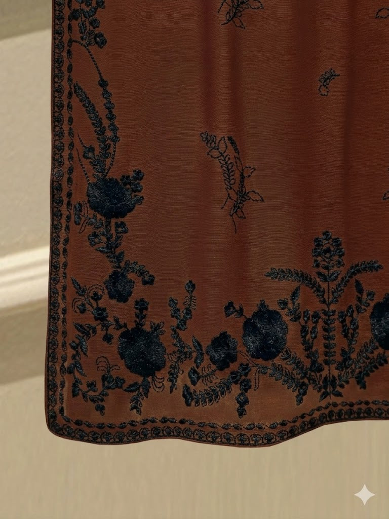 AGHANOOR DARK BROWN COTTON NET EMBROIDERED 3 PIECE