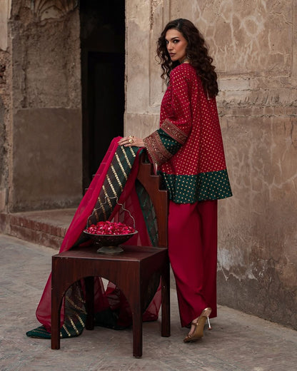 Charizma Embroidered Silk Pret 3 Piece with Farshi Shalwar-Magenta