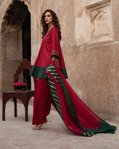 Charizma Embroidered Silk Pret 3 Piece with Farshi Shalwar-Magenta