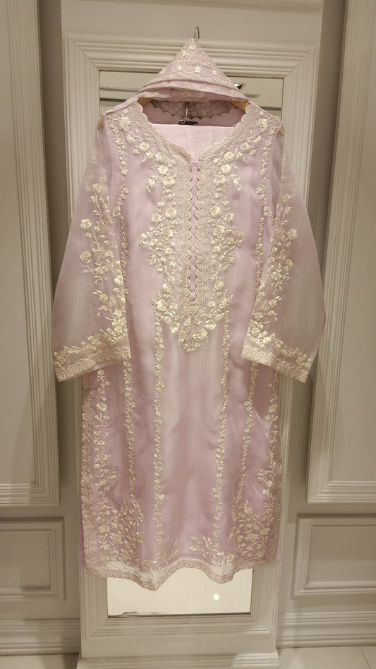 Aghanoor Embroidered Organza 3 Piece Suit-Lilac