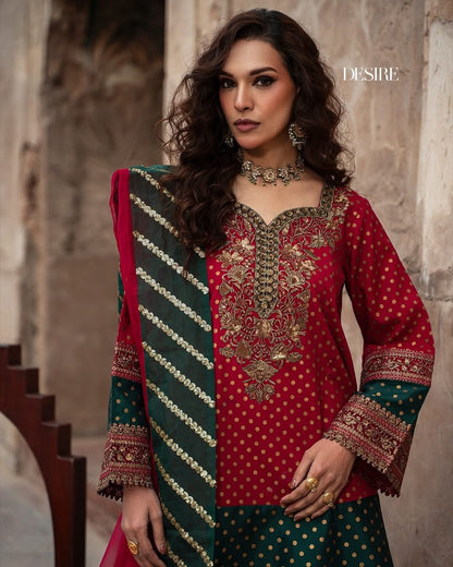 Charizma Embroidered Silk Pret 3 Piece with Farshi Shalwar-Magenta