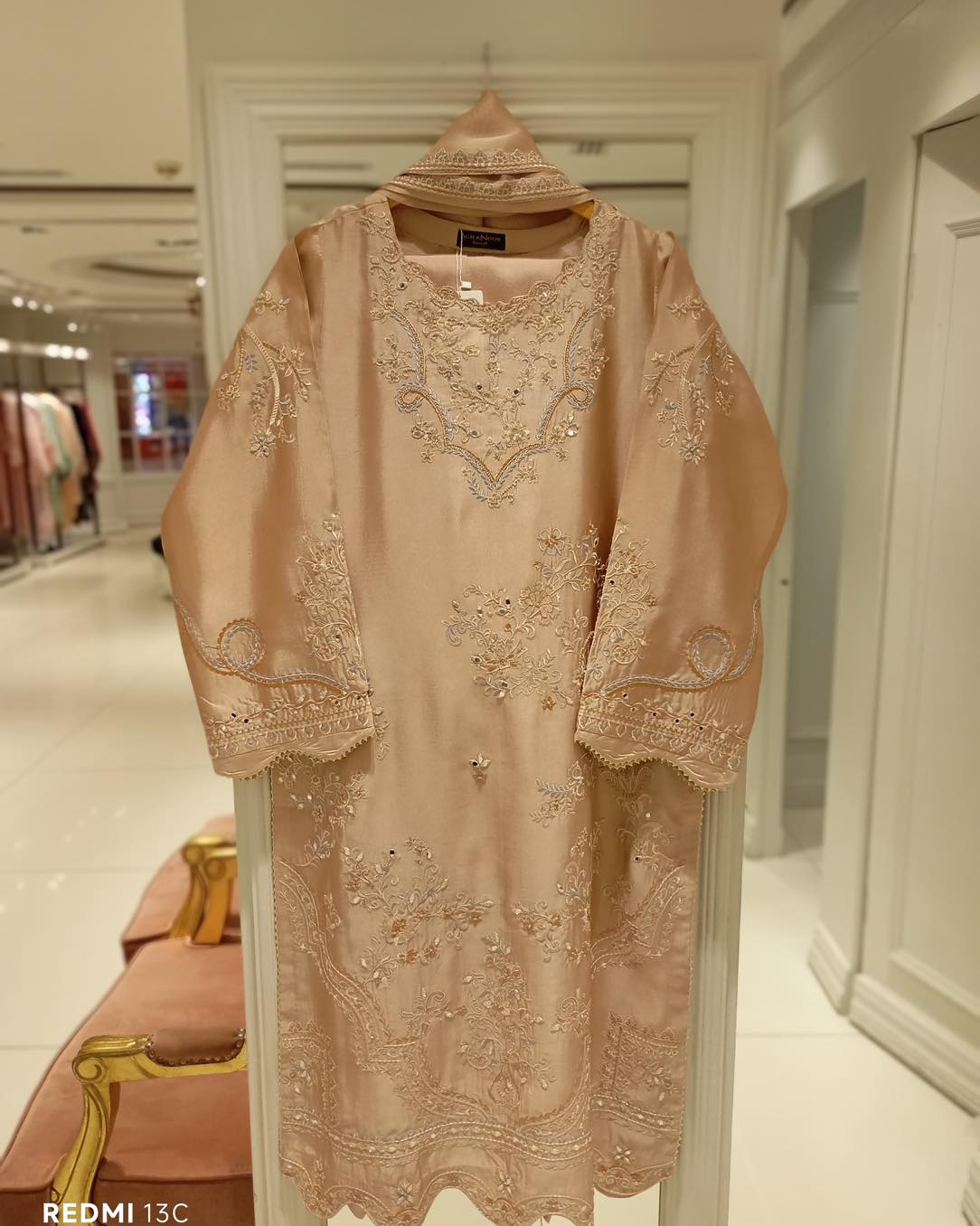 Aghanoor Embroidered Seesha Silk 3 Piece Suit-Beige Gold