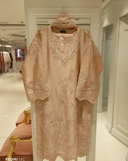 Aghanoor Embroidered Seesha Silk 3 Piece Suit-Beige Gold