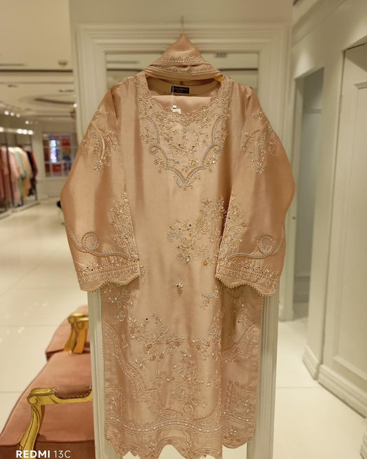 Aghanoor Embroidered Seesha Silk 3 Piece Suit-Beige Gold