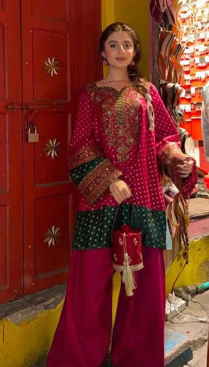 Charizma Embroidered Silk Pret 3 Piece with Farshi Shalwar-Magenta